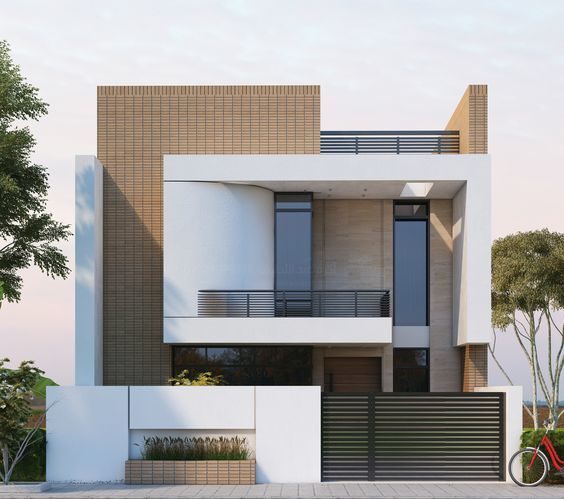 Light brown and white front elevation for 5 Marla Corner House Design Pictures in Pakistan 