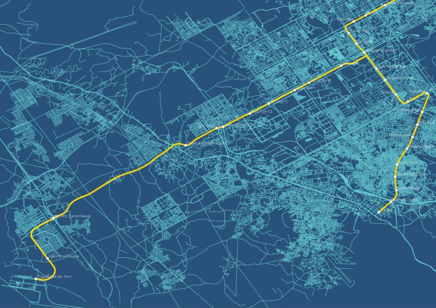 The 27-km line 2 from Kashmir Highway metro station runs parallel to the Srinagar Highway, and ends at the new Islamabad International Airport. 