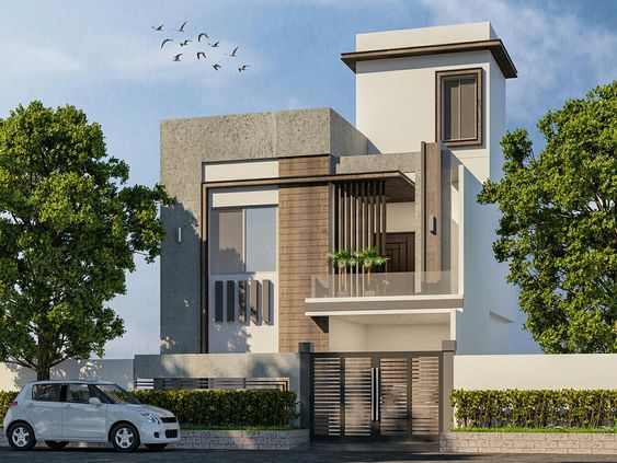 Modern architecture and sleek front elevation for 5 Marla Corner House Design Pictures in Pakistan 