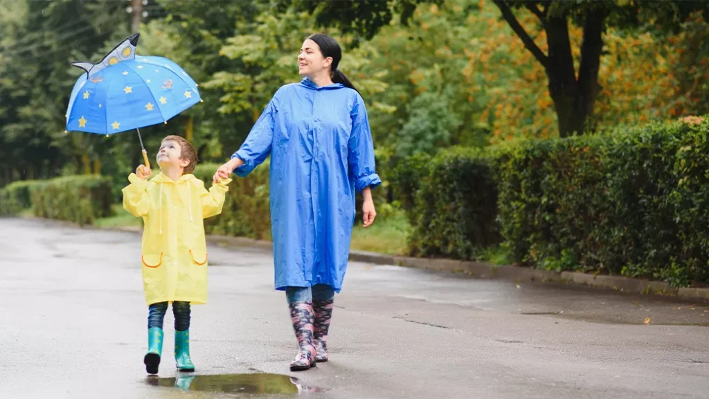 raincoat, rubber boots, open umbrella