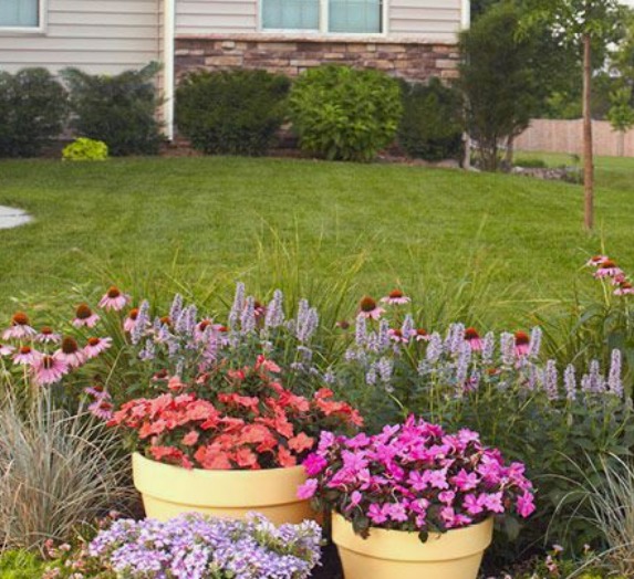 This is an image of flower pots put in the lawn to improve the curb appeal of the home