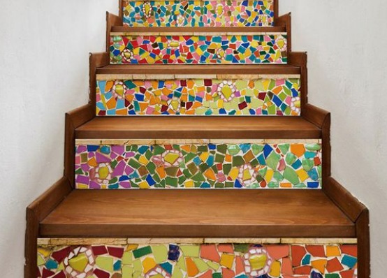 This is an image of staircase decorated with mosaic which is one of the Staircase Makeover Ideas on a Budget