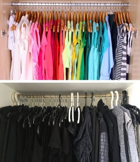 colour coordinated wardrobe organising in closet