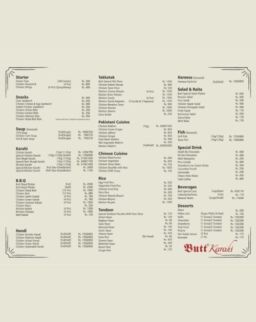 Butt Karahi Menu card