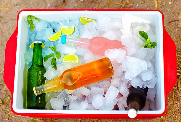آئس بکس میں برف کے ٹکڑے، مشروبات کی بوتلیں