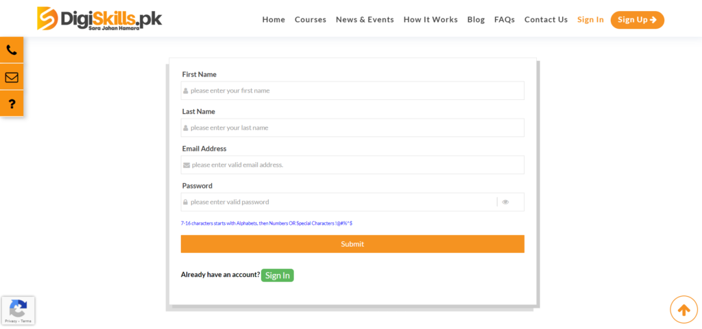 Digiskills website signup interface to show IT courses through Digiskills