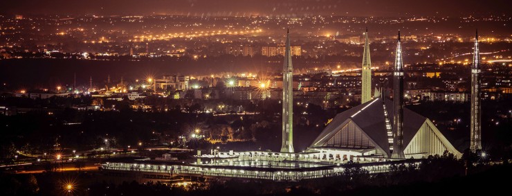 A night time shot of the faisal mosque in Islamabad's Zone III