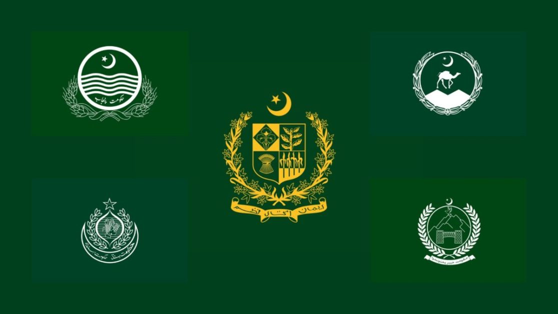 Emblem of the Government of Pakistan surrounded by emblems of Provincial governments depicting their role in anti-encroachment drive.