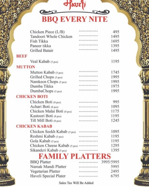 Haveli Restaurant Menu Card