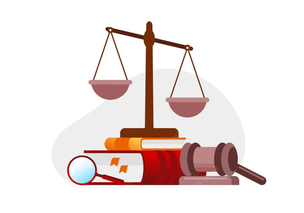 Illustration of a balance over books along side a plaque to represent law