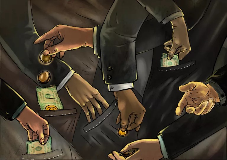 A group of people picking each other's pockets to represent fraud
