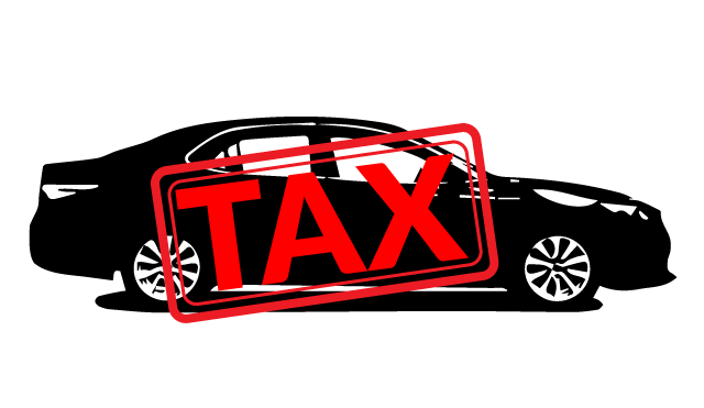 A silhouette of a car with tax stamped on it to show tax on cars