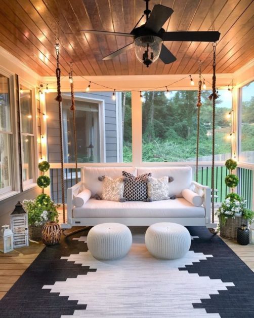 blue and white aesthetic porch exterior in the backyard