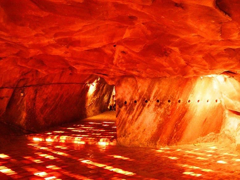 Inside view of lit up Khewra Salt Mine located in Khewra, Jehlum Punjab