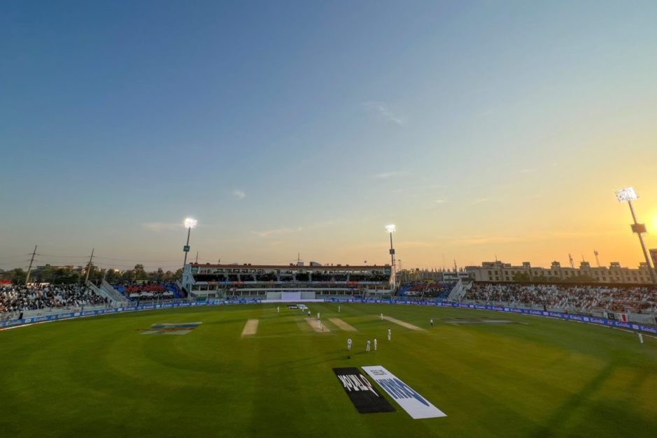 sunset view of rawalpindi crricket stadium filled with spectators in team players