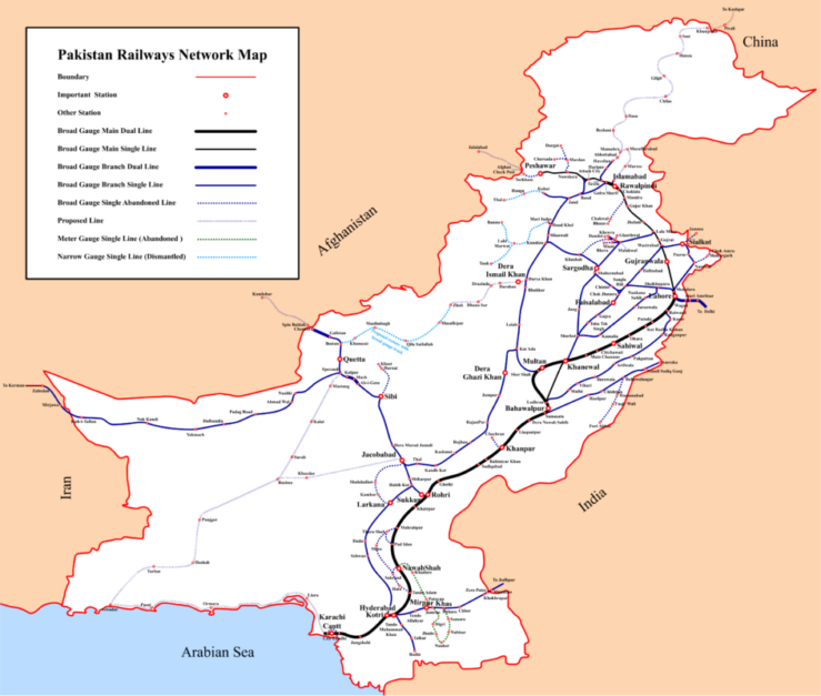 Map showing network of Pakistan Railways