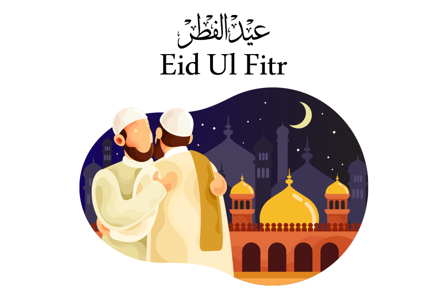 animation of 2 muslims greeting each other eid with mosque in the background and caligraphy of Eid Ul Fitr