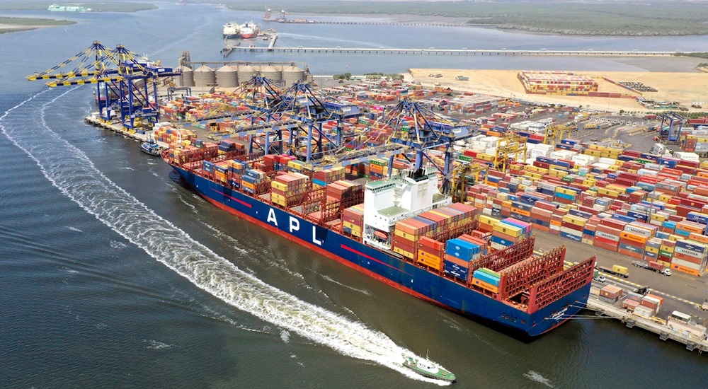 aerial shot of cargo ship at Karachi port
