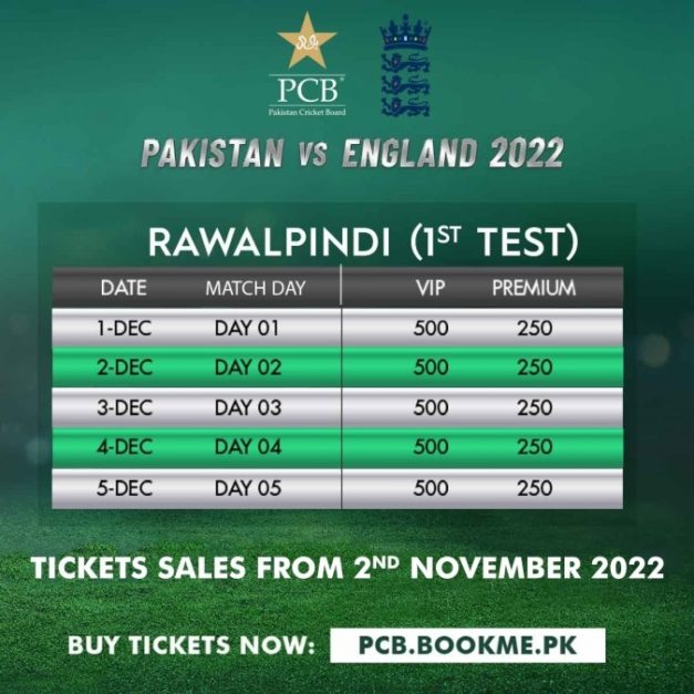 Pak vs. Eng Test Series 2022 Ticket Details