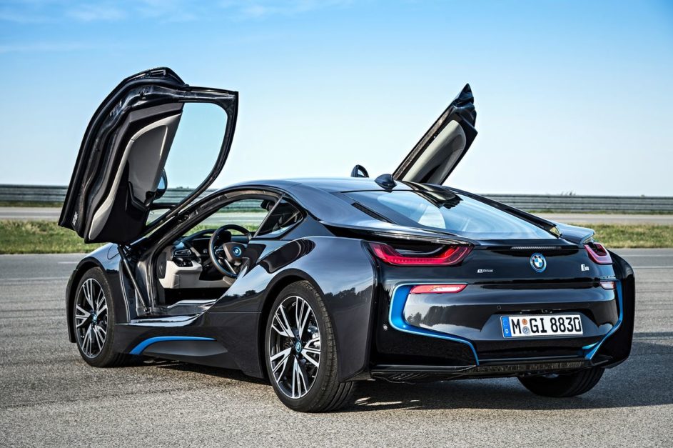 bmw i8 in blue colours with opened doors