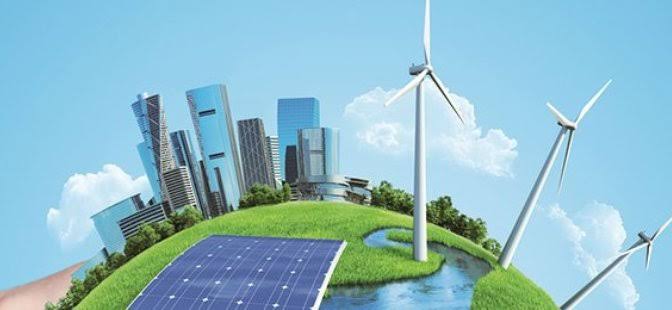 wind mills solar panels water stream and buildings