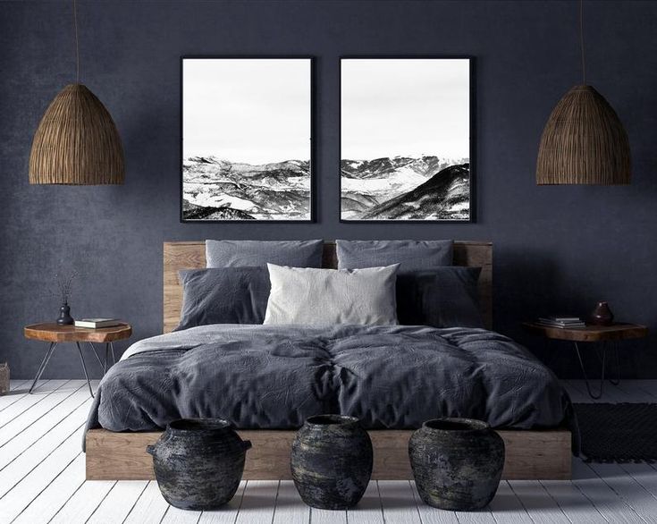 a room with Photographic Prints above bed