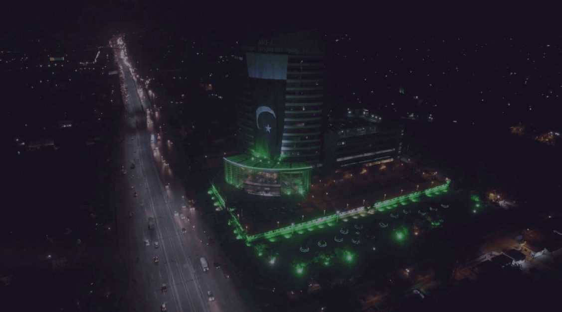 Night view of PITB building decorated on Pakistan Independence Day