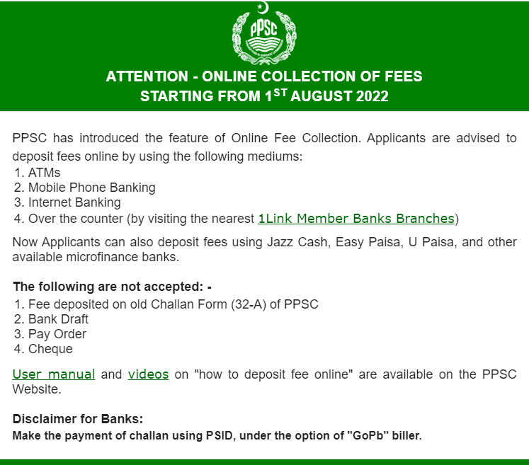 PPSC Fee Payment Guidelines