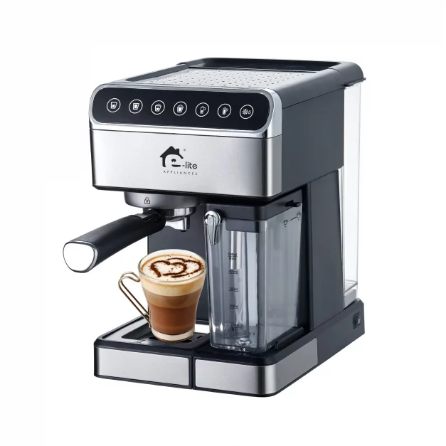 a coffee glass and an espresso machine