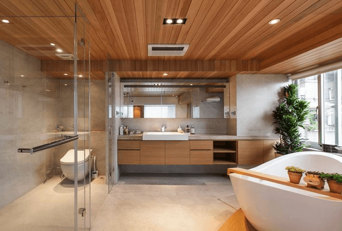  A bathroom with wooden ceiling