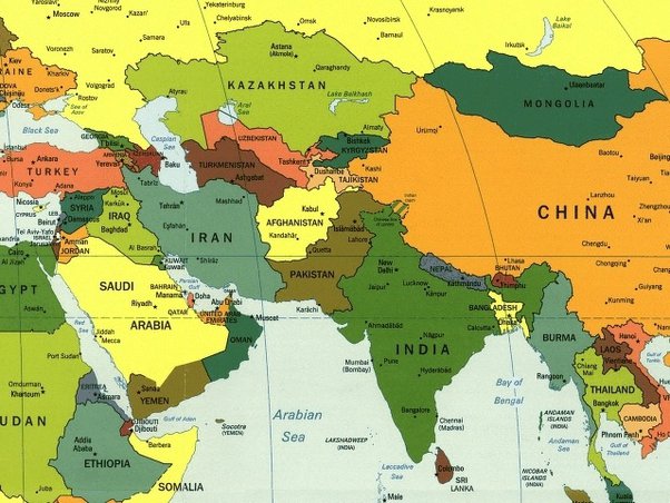 World map displaying Asia and Middle east countries