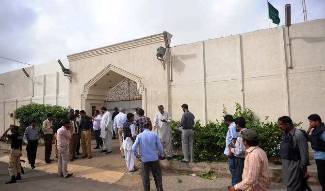 visitors outside Saudi embassy karachi