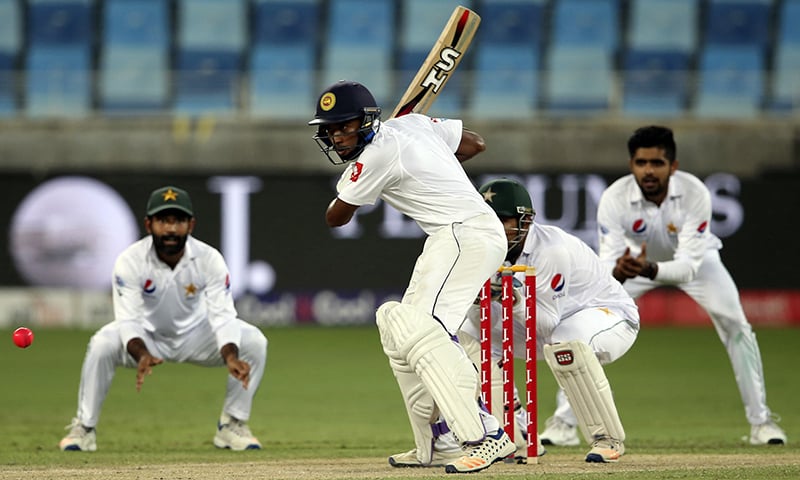 Sri Lanka's Sadeera Samarawickrama plays a shot during their third day at Second Test cricket match against Pakistan. 