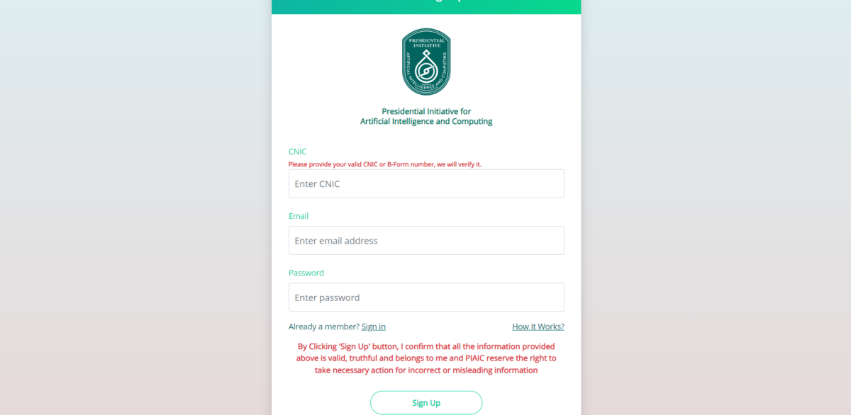 PIAIC signup page