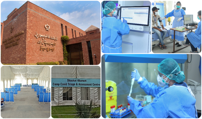 Shaukat Khanum Hospital building and staff woking in research lab