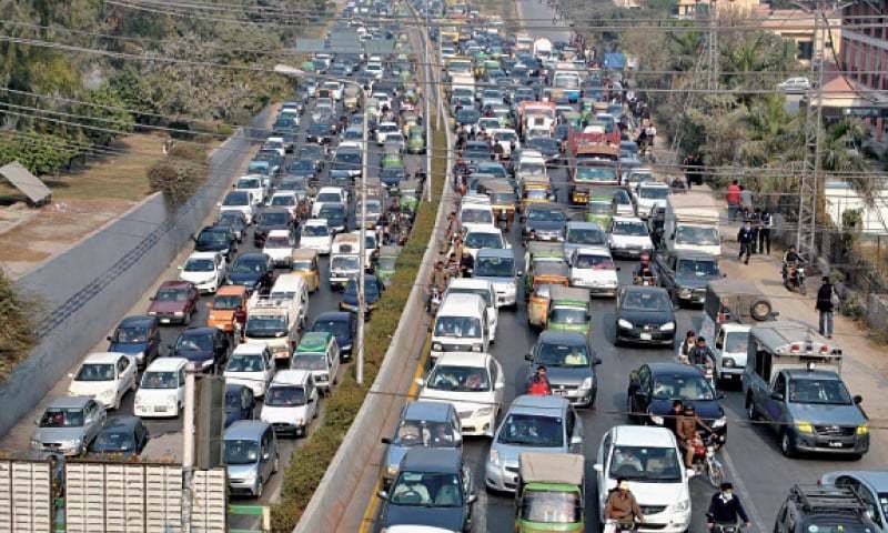 aerial view of traffic jam in some road in lahore