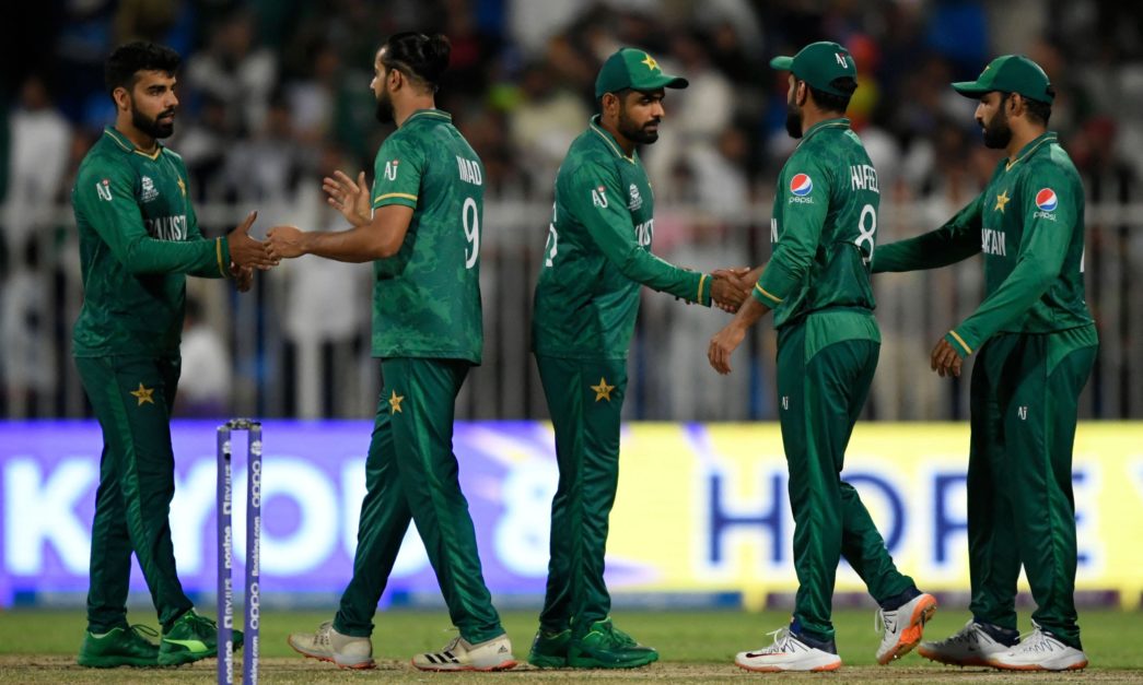 Pakistan's players celebrate their win in the ICC men’s Twenty20 World Cup cricket match between Pakistan and Scotland at the Sharjah Cricket Stadium in Sharjah on November 7, 2021. 