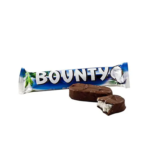 Bounty Chocolate 57g bar in the packaged and unpackaged forms