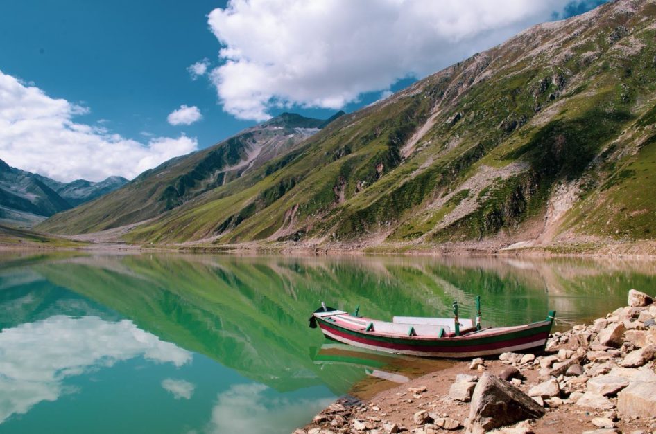 Saif ul Malook Lake with a boat docked there