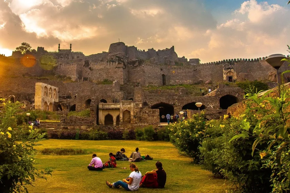 people hanging out in the garden outside the fort