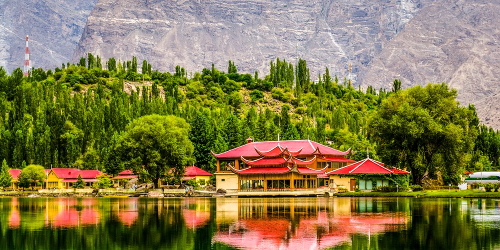 Resort shadow in the lake in the Gilgit-Baltistan region of Pakistan