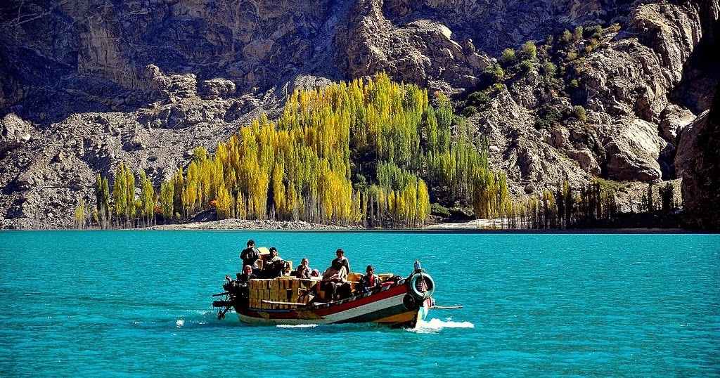 The boat in the middle of water at satpara Lake