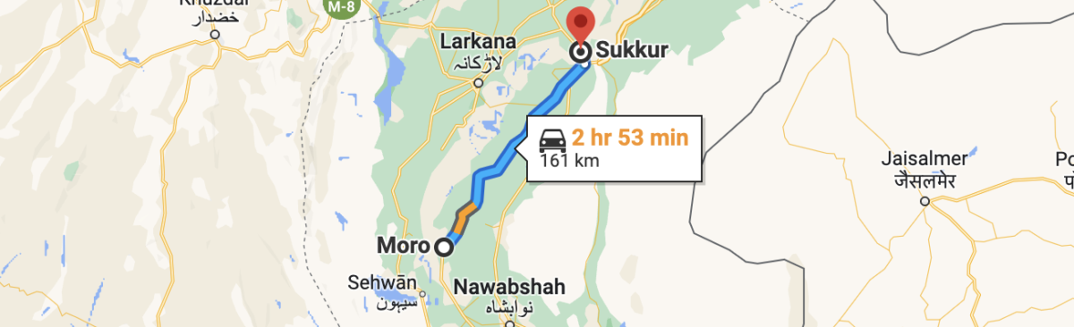 sukkur to moro sindh distance map