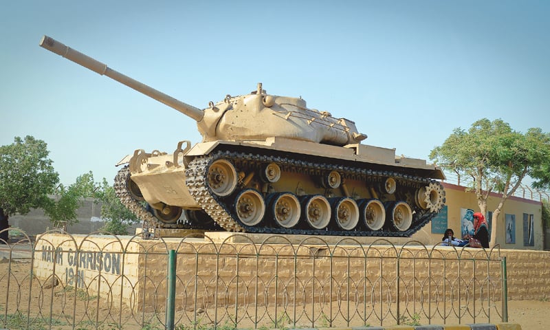 armny tank installed in a square at malir cantt