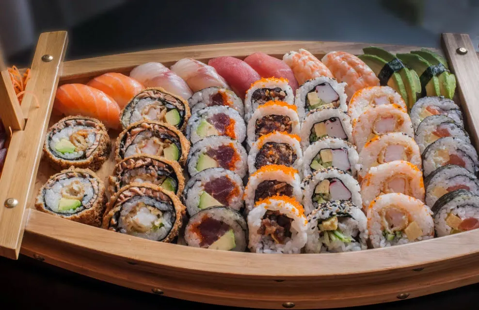 sushi served in a sushi boat