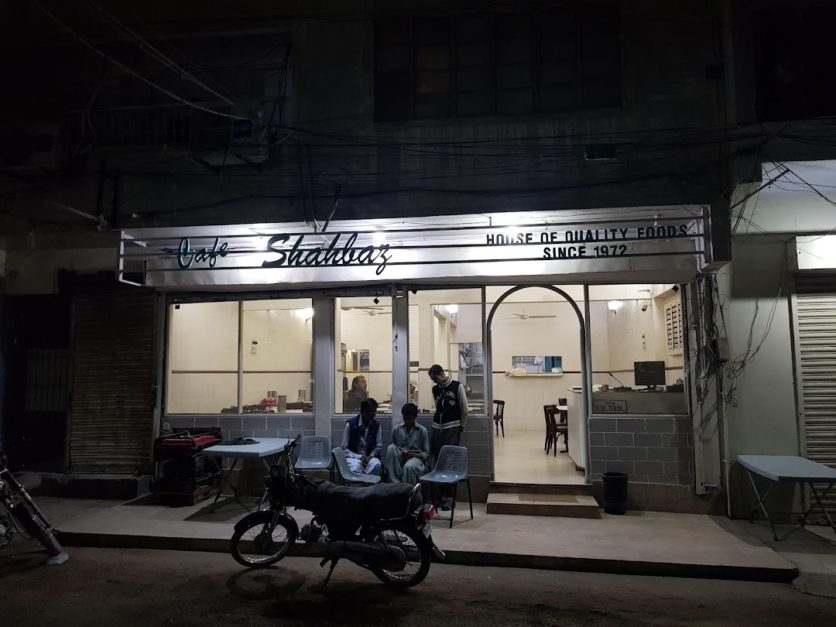 Front view of Cafe Shahbaz at night