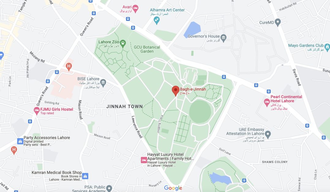 google map of bagh e jinnah lahore