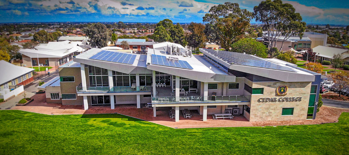 Ariel view of Cedar College covered with solar panel