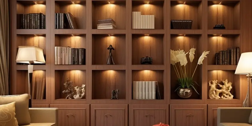 Books arranged in a brown built-in book shelve