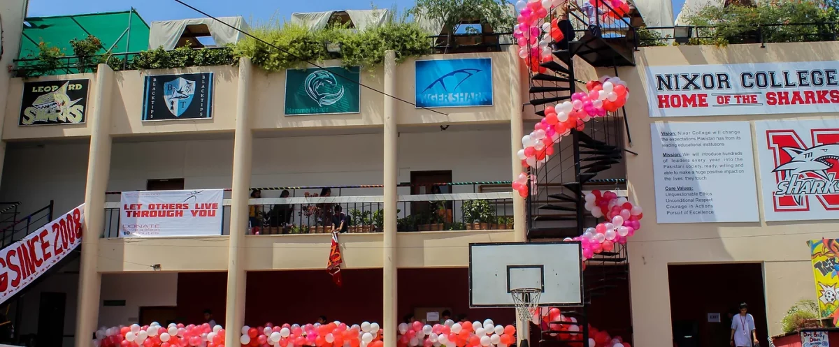 Building of Nixor College decorated with balloons